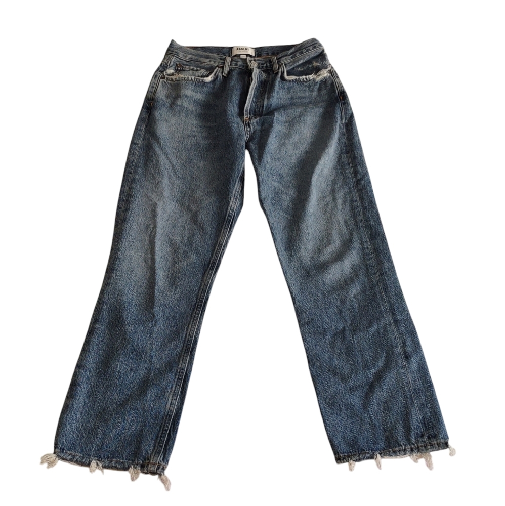 Agolde Riley High Rise Straight Crop Button Fly Distressed Blue Jeans Womens 27